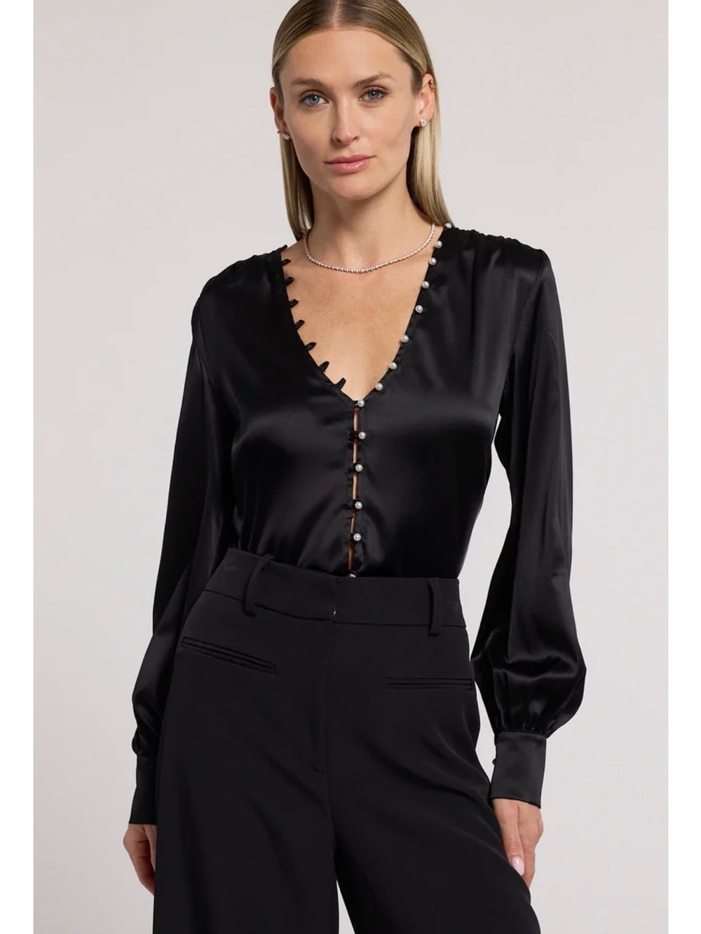 Generation Love Tasmina Black Satin V-Neck Pearl Button Blouse